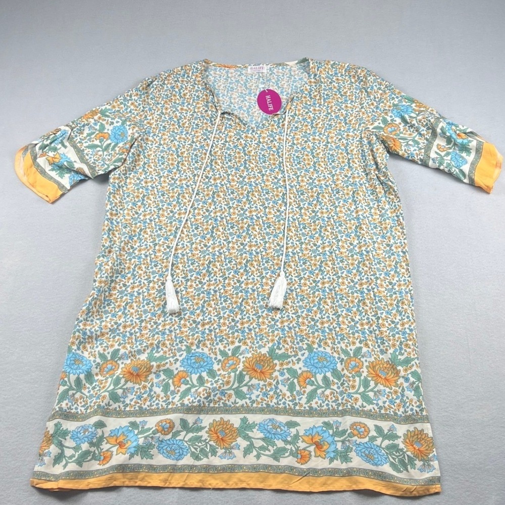 Boho Floral Tunic Dress Womens L Multicolor Tassel Tie‎ Mini Cover Up Resort